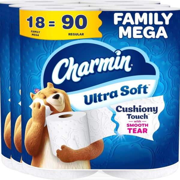 Charmin Ultra Soft Cushiony Touch Toilet Paper, 18 Family Mega Rolls = 90 Regular Rolls