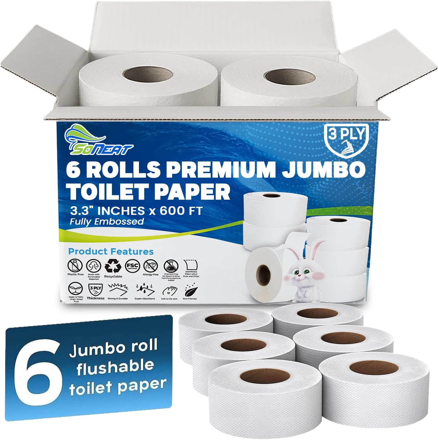 SH336 Commercial toilet paper - Jumbo toilet paper rolls -3,600 FT Industrial 3-Ply 9” Bulk Large Roll for Standard Jumbo Dispenser -100% Recycled Fibers-Soft and Absorbent Bathroom Tissue -6 Roll Case Pack - Image 1