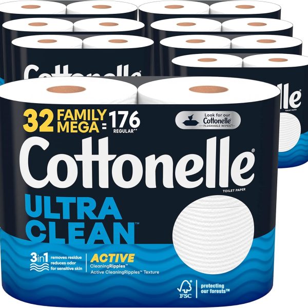 Cottonelle Ultra Clean Toilet Paper with Active CleaningRipples Texture, Strong Bath Tissue, 32 Family Mega Rolls (32 Family Mega Rolls = 176 Regular Rolls) (8 Packs of 4), 388 Sheets per Roll White