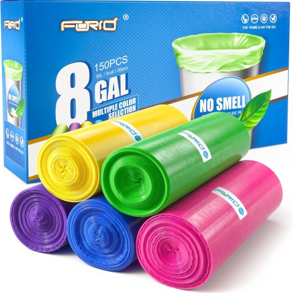 FORID 8 Gallon Trash Bags Multi Colored - Extra Thick Garbage Bags Unscented, Strong Plastic Waste Can Liners for Home Bathroom Office Kitchen,150 Bags 5 Rolls,30 Liters