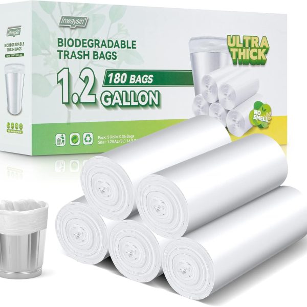 1.2 Gallon Small Trash Bags Biodegradable-Inwaysin 180 Counts Mini Trash Bags, Unscented Small Garbage Bags, Waste Basket Liners for Kitchen, Bathroom, Bedroom, Office, Camping