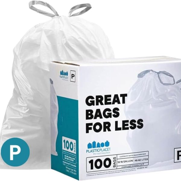 Plasticplace Custom Fit Trash Bags, Compatible with simplehuman Code P (100 Count) White Drawstring Garbage Liners 13-16 Gallon, 23.5" x 31.5"