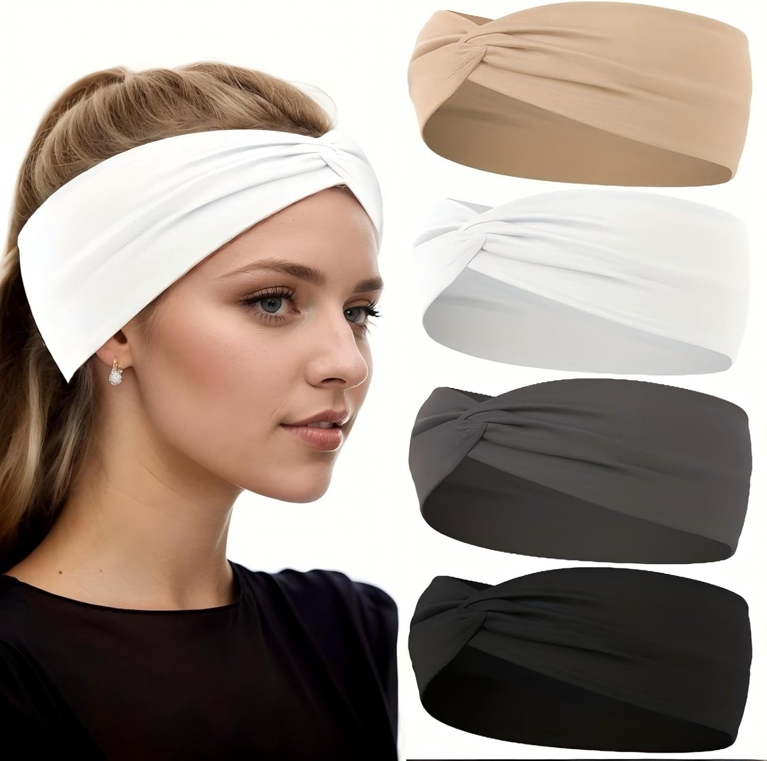 SH445 12 Pcs Stretchy Sport Headbands for Women,Absorbed Sport Headband Soft Twist Knotted Headbands for Yoga, Workout Daily Life - Image 1