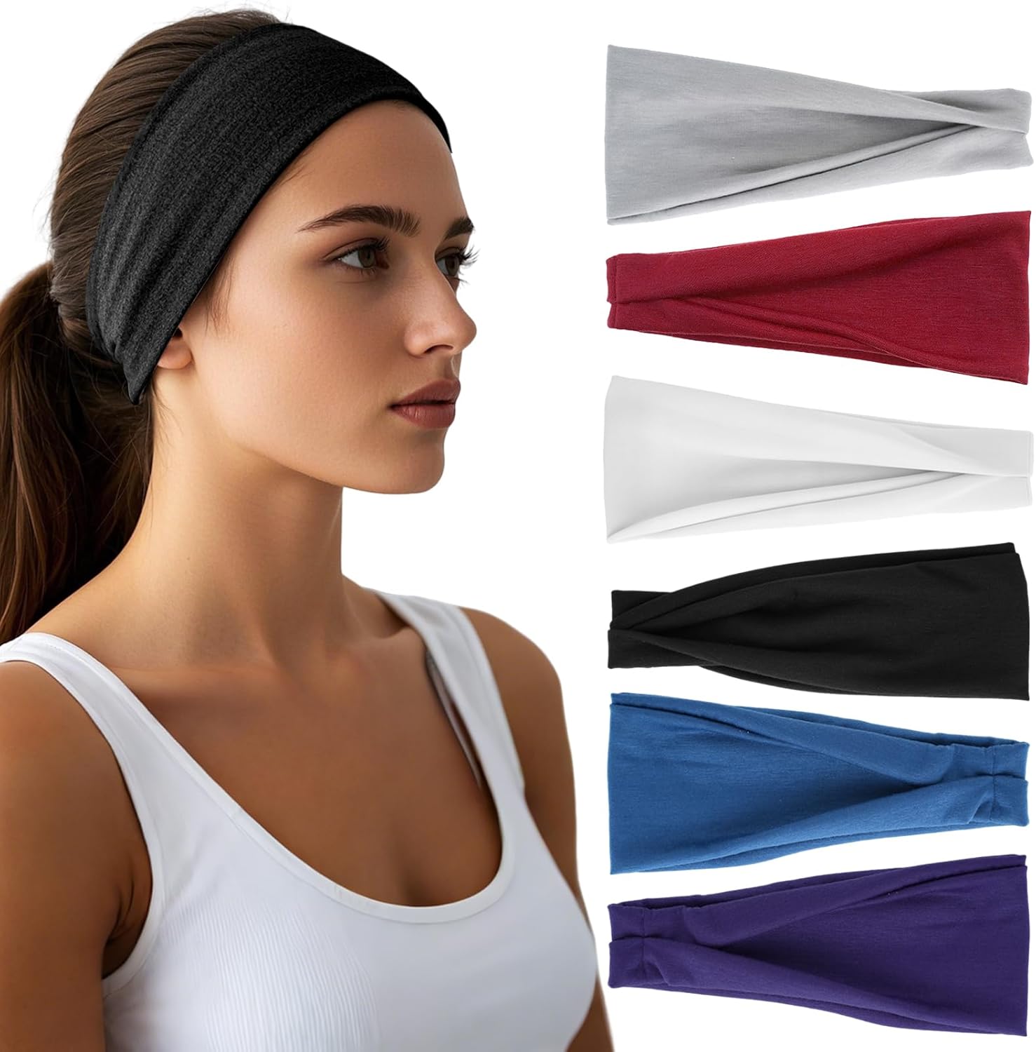 SH459 Headbands for Women - 6 Pack Wide Elastic Hair Bands | Stretchy Sweatbands Hair Bands | Soft Sports Thin Head Bands | Non-Slip Accessories Bands for Fashion, Washing Face, Workouts, Yoga, Daily Use - Image 1