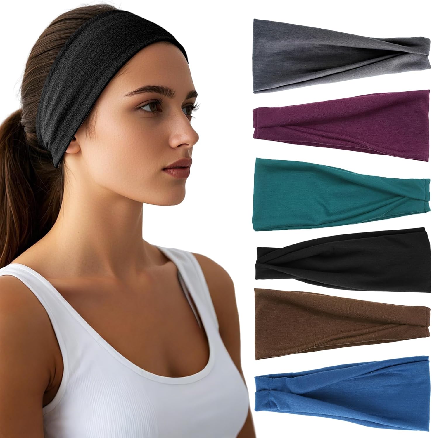 SH460 Headbands for Women - 6 Pack Wide Elastic Hair Bands | Stretchy Sweatbands Hair Bands | Soft Sports Thin Head Bands | Non-Slip Accessories Bands for Fashion, Washing Face, Workouts, Yoga, Daily Use - Image 1