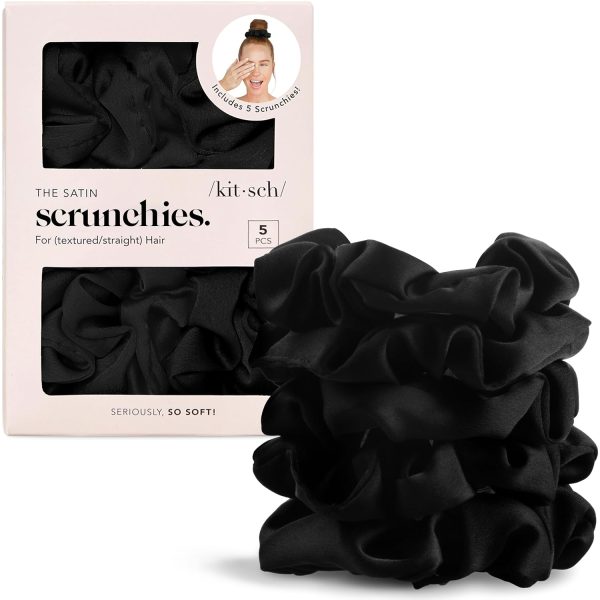 Kitsch Satin Scrunchies for Women – No Crease Hair Ties – Soft Satin Hair Scrunchies for Girls – Frizz Free, Gentle, Stylish Hair Accessories | Ideal Gifts for Women – Black, 5 pcs