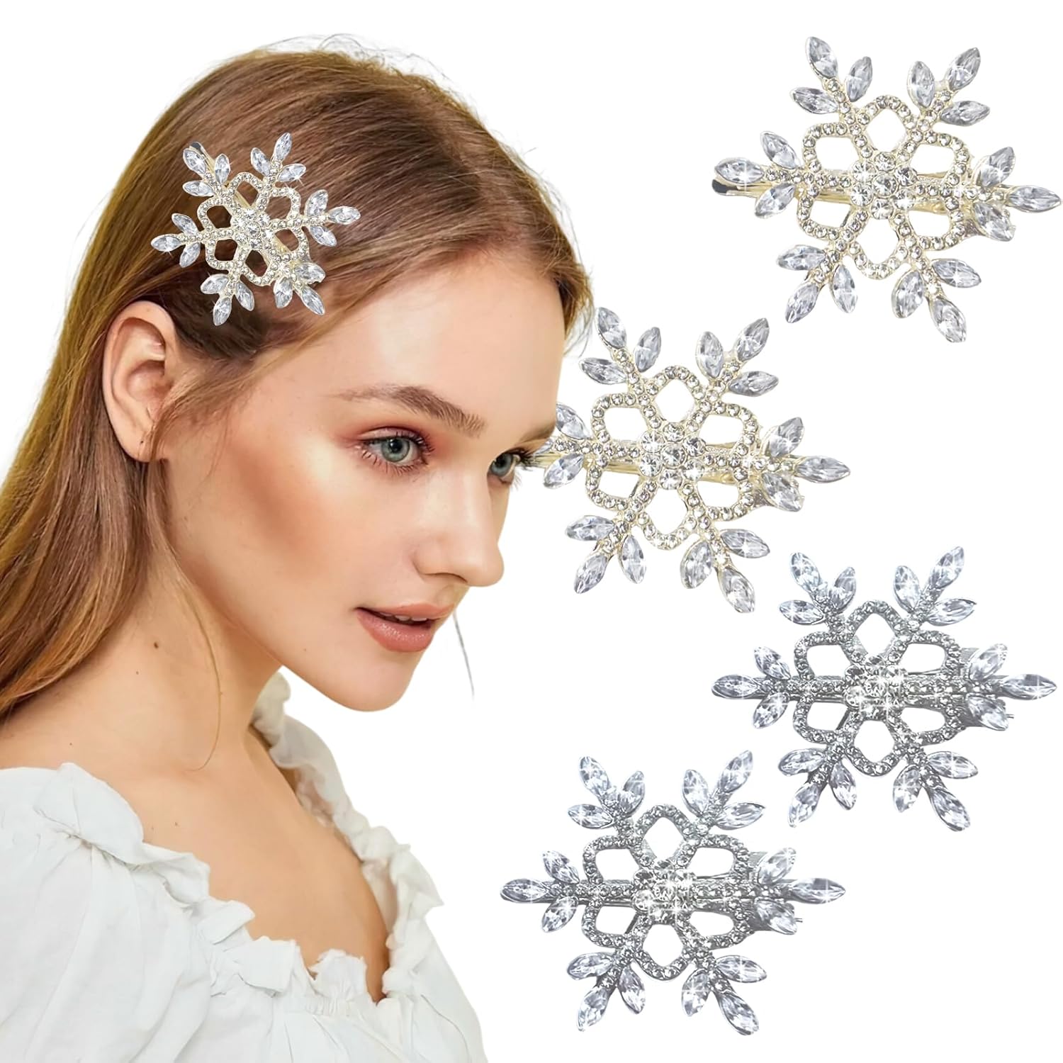 SH494 Sparkly Rhinestone Snowflake Hair Clip Hair Barrettes for Women, Christmas Metal Alligator Clips Hair Accessories for Long Thick Hair Winter Xmas Hairpins Party Gifts (Silver Gold) - Image 1