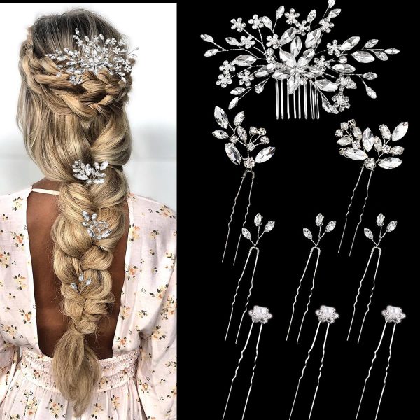 9PCS Rhinestone Wedding Bridal Bling Hair Pins Clips Vintage Hair Headpiece Jewelry for Bridesmaids Brides Flower Girls Hair Accessorie(Rhinestone Style)
