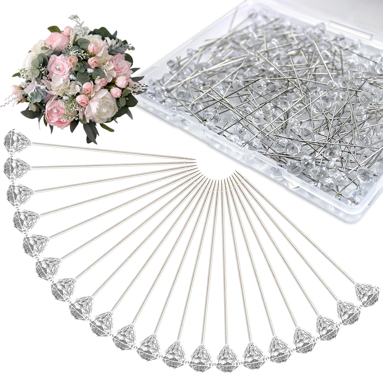 SH516 220PCS 2 Inch Diamond Rhinestones Pins Floral Flower Corsage Boutonniere Crystal Head Bouquet Clear Straight Pins for Wedding Bridal Hair DIY Decoration Accessories Jewelry Craft - Image 1
