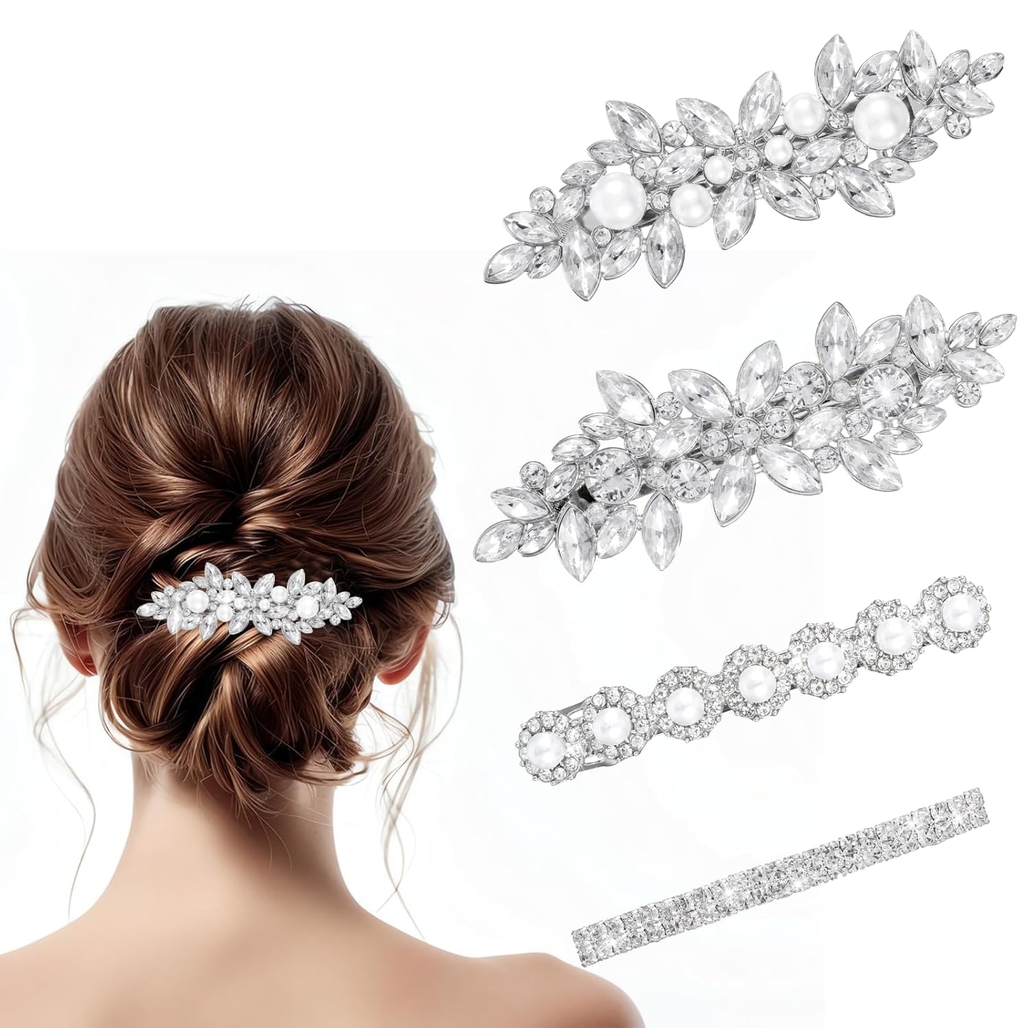 SH517 4Pcs Rhinestone Hair Clips, Silver Flower Crystal Pearl Hair Pins Sparkly Diamond Hair Barrettes Decorative Wedding Hair Accessories for Women Bride Bridesmaid - Image 1
