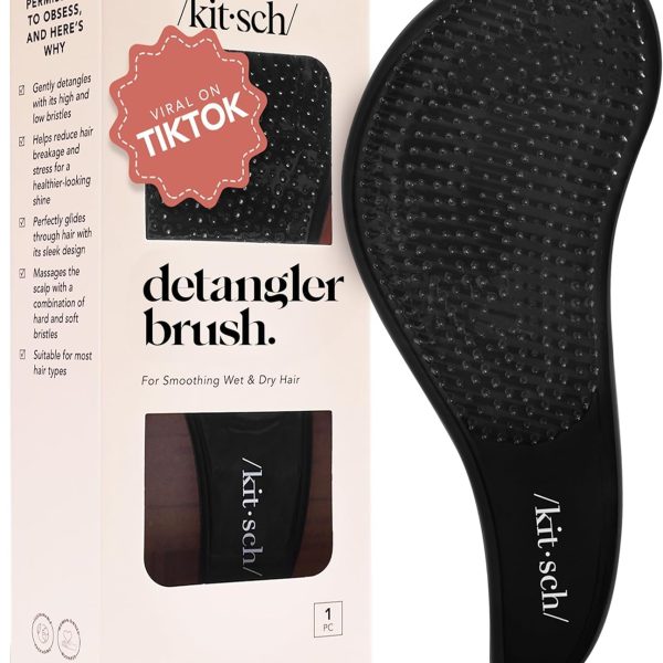 Kitsch Detangler Brush – Gentle Curly Hair Brush with Flexible Bristles for All Hair Types - Wet or Dry | Detangling Hair Brushes for Women & Men, Adults & Kids - Black