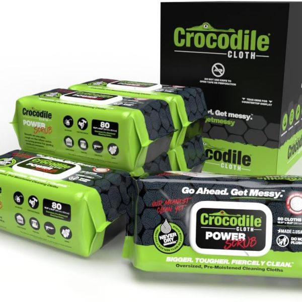 Crocodile Cloth PowerSCRUB Cleaning Wipes – 480 Count (6 Packs of 80 Count) Dual-Surface Cloths, Heavy-Duty, Moist, Absorbent, & Disposable - Safe on Skin & Multiple Surfaces - 15" x 10" XL Wipes