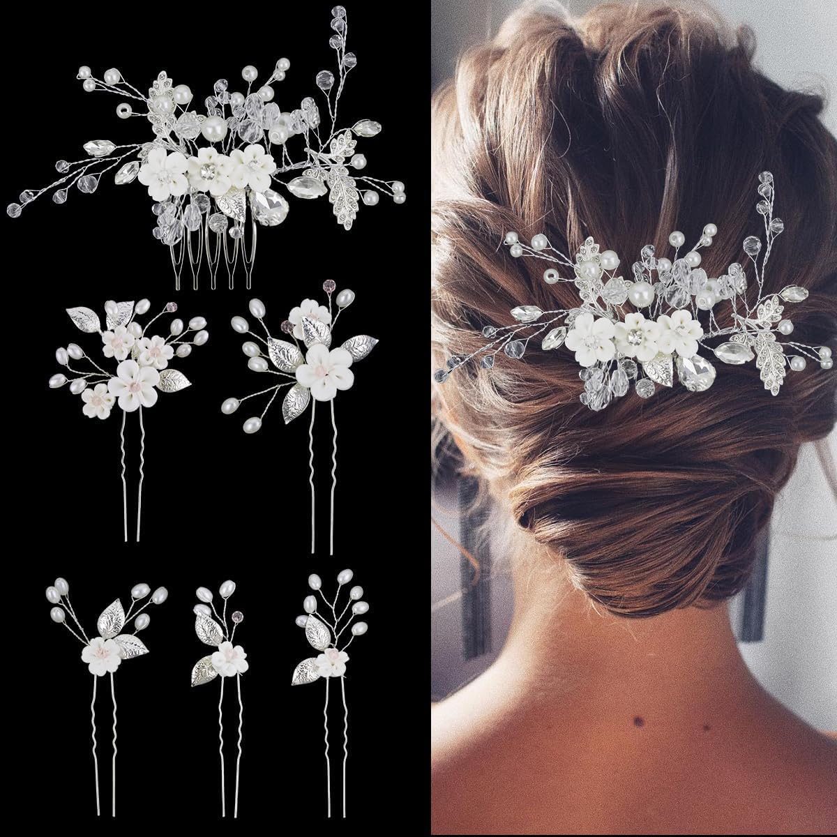 Sh511 6 Pcs Bridal Flower Wedding Hair Pins Crystal Pearl Hair Clips Headpiece Wedding Hair Accessories Jewelry with Rhinestone for Brides Bridesmaids Women Girls Updo - Image 1