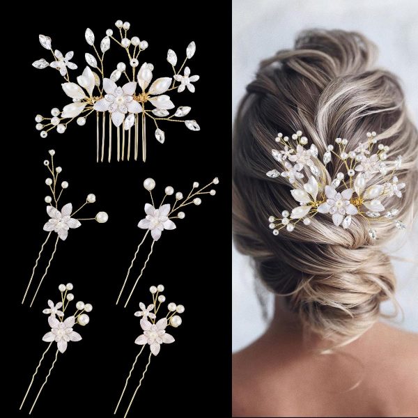 5 Pcs Bridal Flower Wedding Hair Pins Crystal Pearl Hair Clips Headpiece Wedding Hair Accessories Jewelry with Rhinestone for Brides Bridesmaids Women Girls Updo