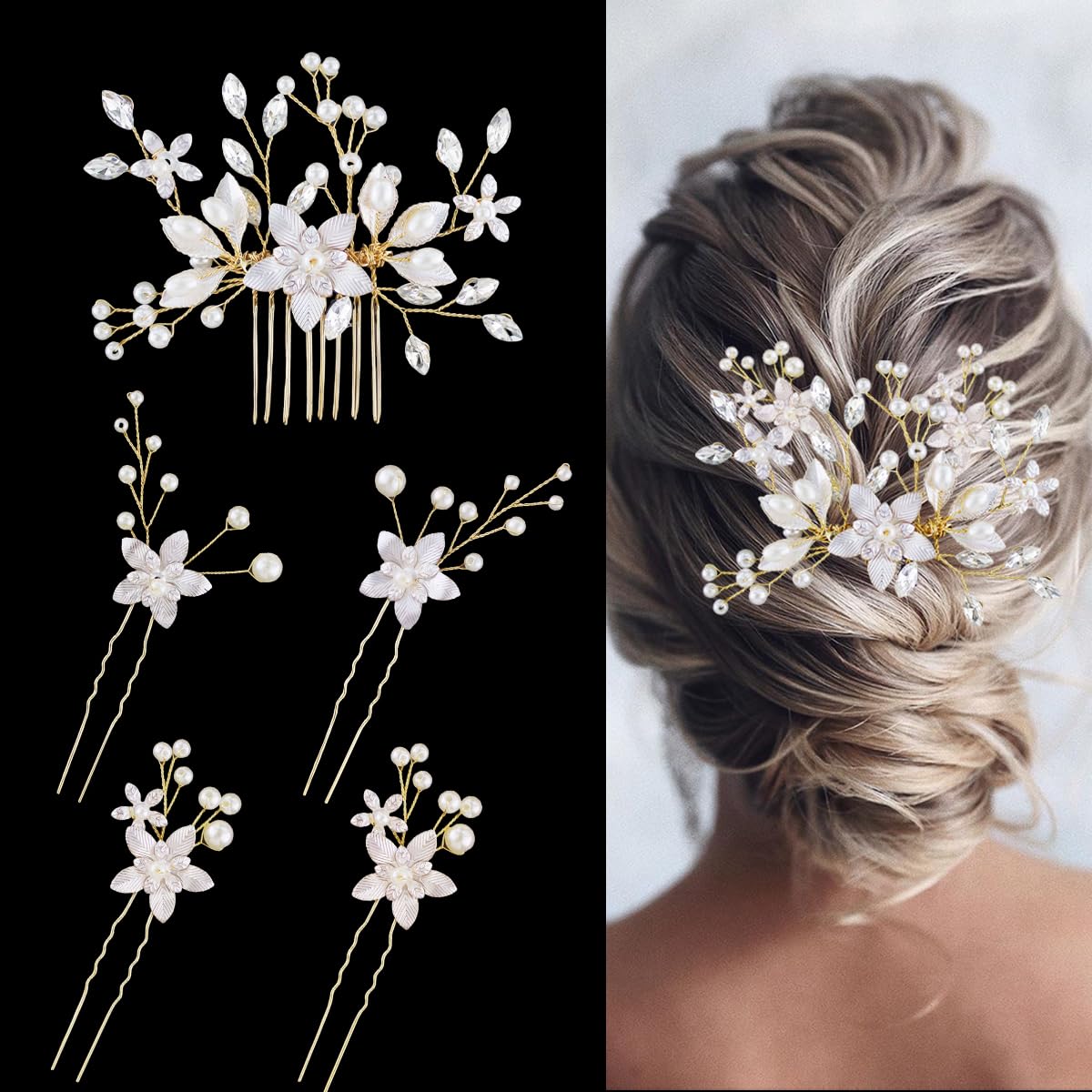 Sh512 5 Pcs Bridal Flower Wedding Hair Pins Crystal Pearl Hair Clips Headpiece Wedding Hair Accessories Jewelry with Rhinestone for Brides Bridesmaids Women Girls Updo - Image 1