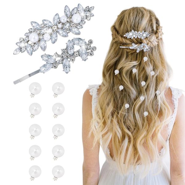 WHAVEL Rhinestone Hair Clips 12PCS Pearl Rhinestone Clips Barrettes Silver Wedding Hair Accessories for Women