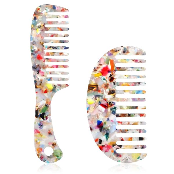2 Pack Large Wide Tooth Hair Comb Cellulose Acetate Mini Round Hair Comb for Straight Thick Curly Hairs Detangling Combs Detangler Hairs Combs - Multicolor