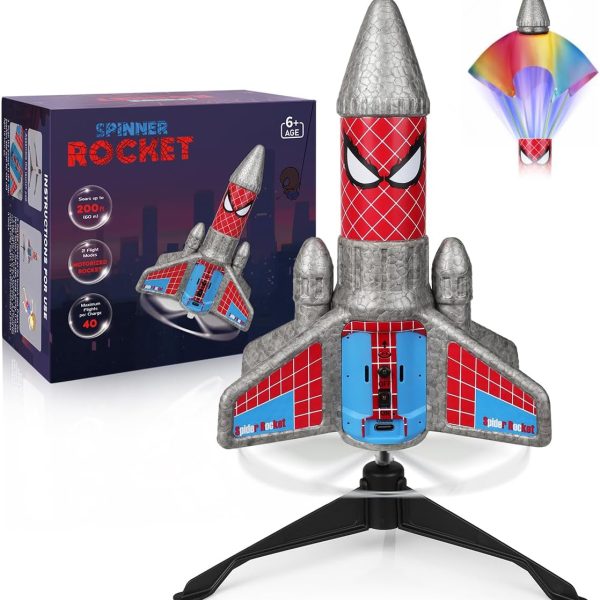 Rocket Launcher for Kids – 2nd Gen Upgraded Design, Electric Auto Launch, 200ft Flight with Safe Parachute, Outdoor Rocket Toy for Boys & Girls, Birthday Gift for Ages 6-13, Spider Pattern