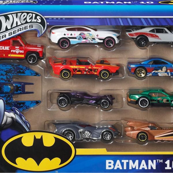 Hot Wheels Toy Cars, Batman-Themed 10-Pack, Set of 10 Die-Cast Vehicles Including a Batmobile & a Batplane in 1:64 Scale (Styles May Vary)