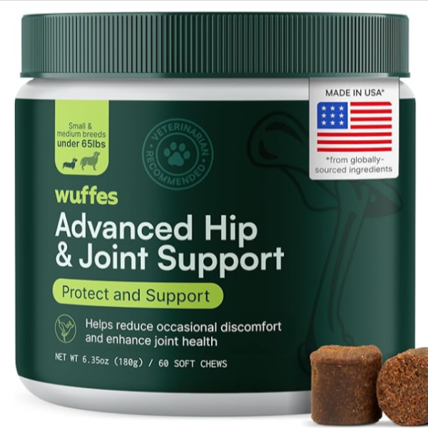 Wuffes Advanced Dog Hip and Joint Supplement with Glucosamine, Chondroitin, Omega 3, MSM, and Green Lipped Mussel, 60 Pork Flavored Chews for Small and Medium Dog Breeds