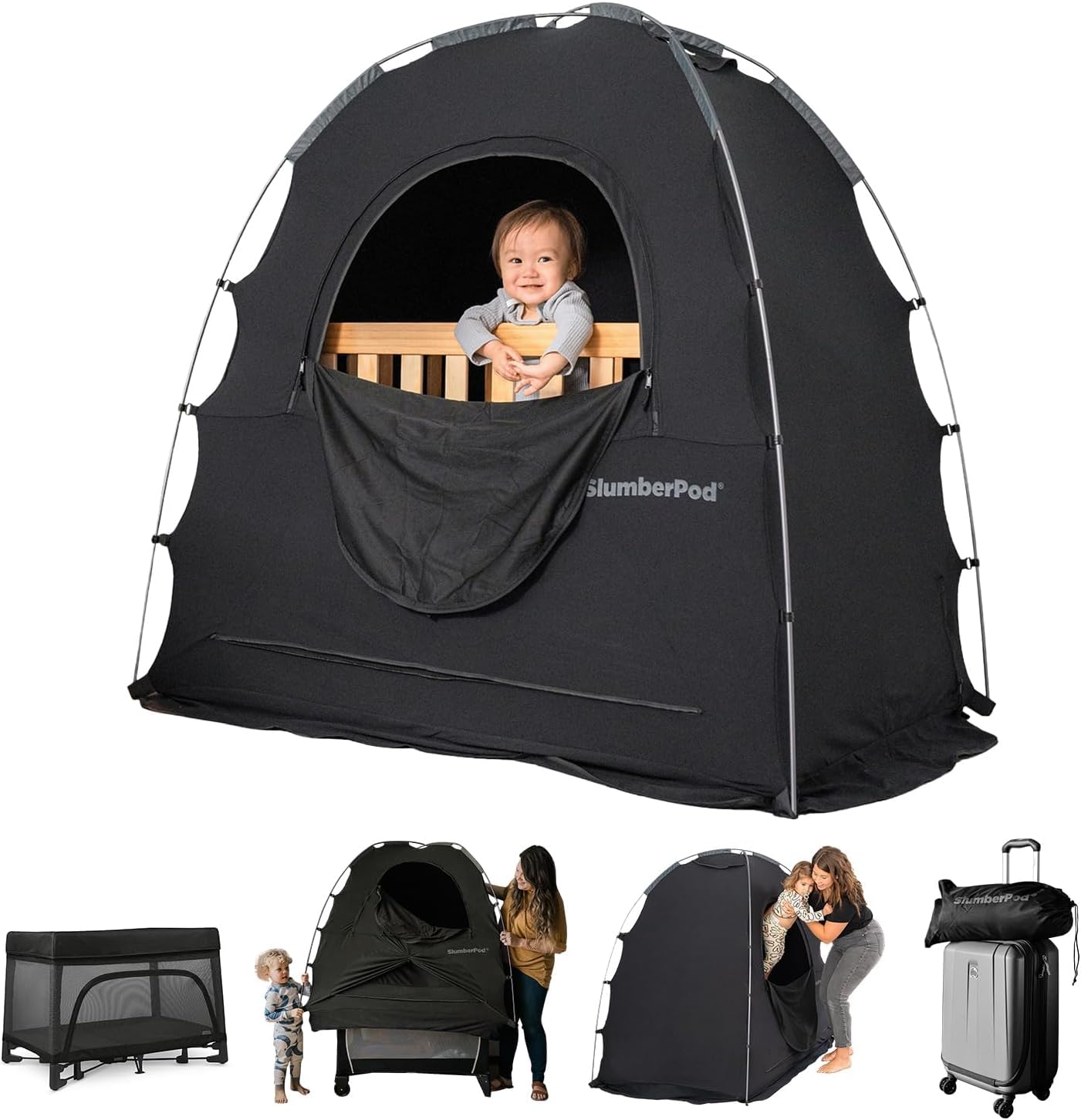 am 10 SlumberPod The Original Blackout Sleep Tent Travel Essential for Babies and Toddlers, Mini Crib and Pack N Play Cover, Sleep Pod for Kids with Monitor Pouch and Fan Pouch, Blocks 95%+ Light, Black - Image 1