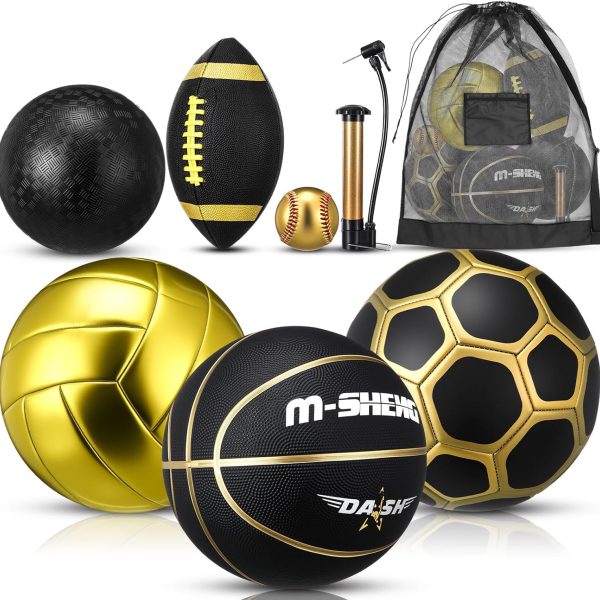 6 Pcs Multi Sport Ball Set Official Size Football, Basketball, Soccer, Volleyball, Playground Ball, Baseball with Equipment Bag Pump for Teen Adult Sport Gift Back to School
