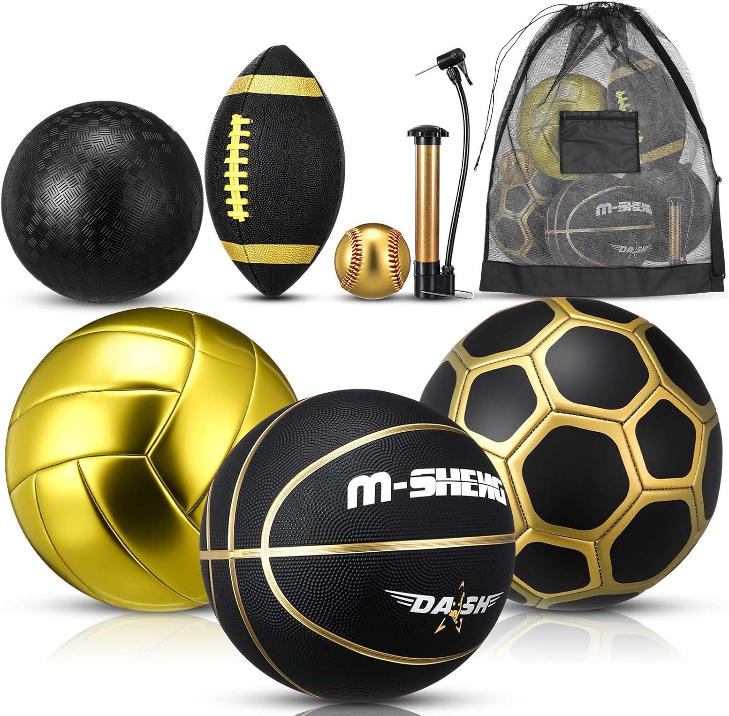 ja143 6 Pcs Multi Sport Ball Set Official Size Football, Basketball, Soccer, Volleyball, Playground Ball, Baseball with Equipment Bag Pump for Teen Adult Sport Gift Back to School - Image 1