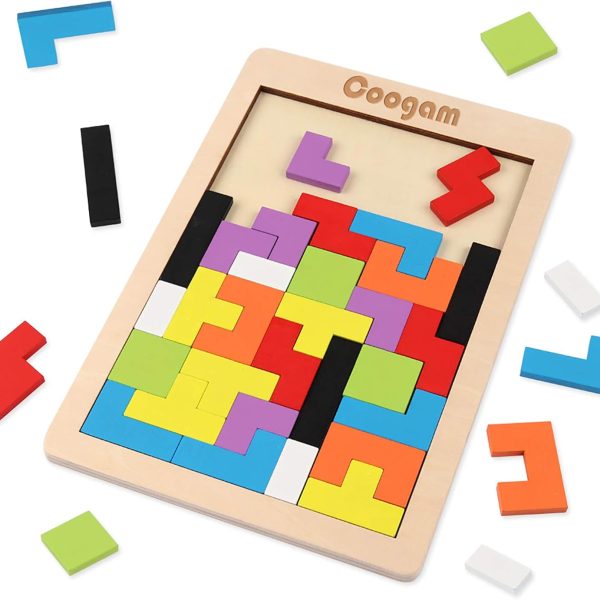 Coogam Wooden Blocks Puzzle Brain Teasers Toy Tangram Jigsaw Intelligence Colorful 3D Russian Blocks Game STEM Montessori Educational Gift for Kids (40 Pcs)