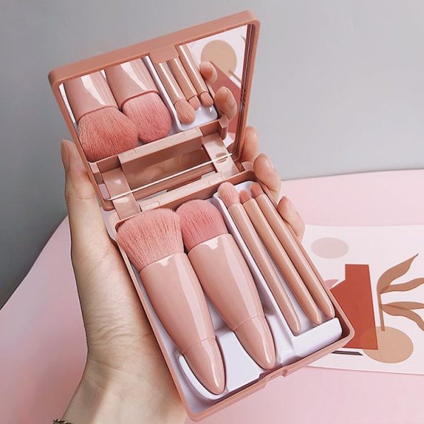 5pcs Portable Makeup Brush Set With Mirror, Boxed Makeup Brush Set, Multifunctional Powder Brush, Blush Brush With Mirror Box, Mini Multifunctional Powder Brush, Foundation Brush, Eyeshadow Brush