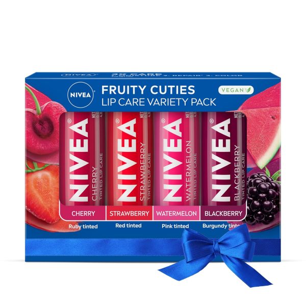 NIVEA Lip Care, Fruity Tinted Lip Balm Variety Pack, Holiday Lip Balm Gifts for Her, With Cherry, Strawberry, Blackberry and Watermelon Flavors, 0.17 Oz Stick, Pack of 4