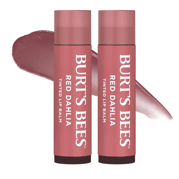 Burt's Bees Lip Tint Balm Stocking Stuffers Gifts, Long Lasting 2 in 1 Duo Tinted Balm Formula, Color Infused with Hydrating Shea Butter for a Natural Looking Buildable Finish, Red Dahlia (2-Pack)