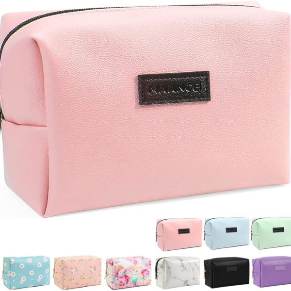 MAANGE Small Makeup Bag For Purse, Travel Cosmetic Bag Makeup Pouch PU Leather Portable Versatile Zipper Pouch For Women (Pink)