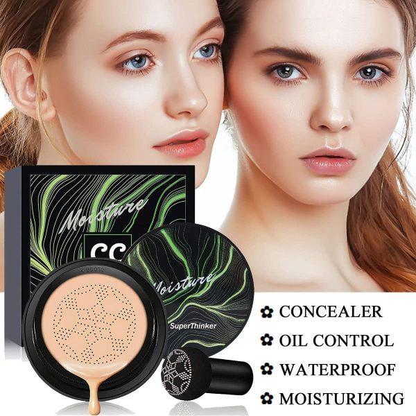 Air Cushion CC Cream Mushroom Head Foundation, BB Cream Face Makeup Foundation for Mature Skin Moisturizing Concealer Brighten Long-Lasting, Even Skin Tone for All Skin Types (Natural)