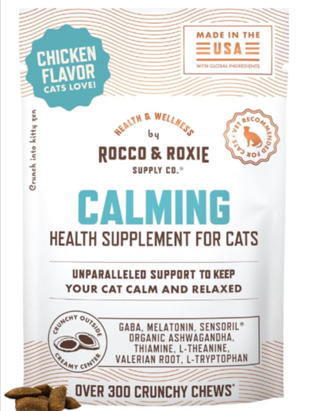 Rocco & Roxie Cat Calming Treats with Melatonin for Cats, Stress and Anxiety Relief, Keep Calm for Grooming, Travel, or Vet Visits, Aid Sleep with Organic Ashwagandha and GABA, Chicken Flavored Chews