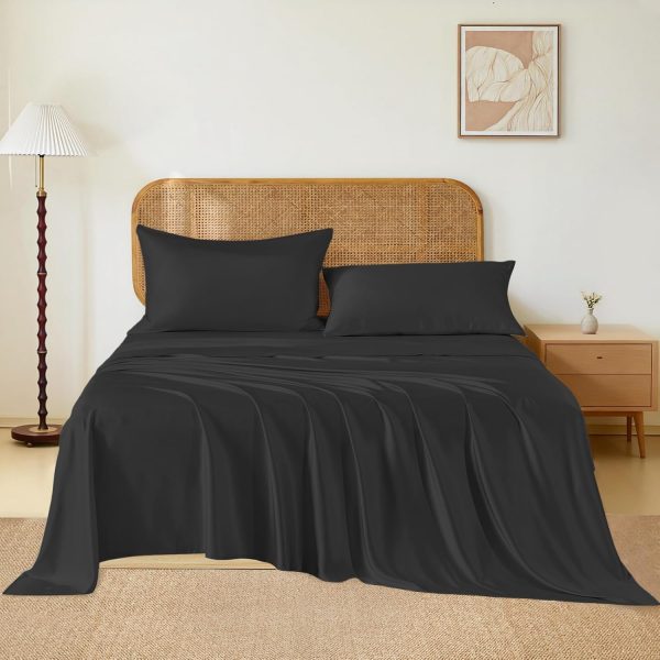 THXSILK Luxury Mulberry Silk Bed Sheets Set - 4pcs Silk Sheets Set 16" Deep Pocket - 1 Fitted Sheet, 1 Flat Sheet, 2 Pillowcases with Zipper Closure - King, Black
