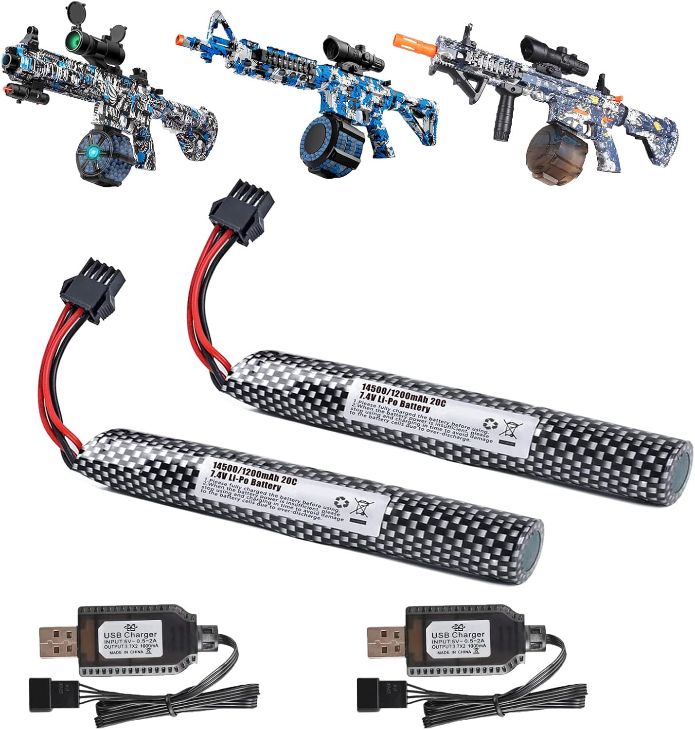 th143 2 Pack Gel Blaster Battery for M416 or M4A1 7.4V 1200mAh Li-ion Battery with SM-4P Connecor and USB Chargers Rechargeable Batteries - Image 1