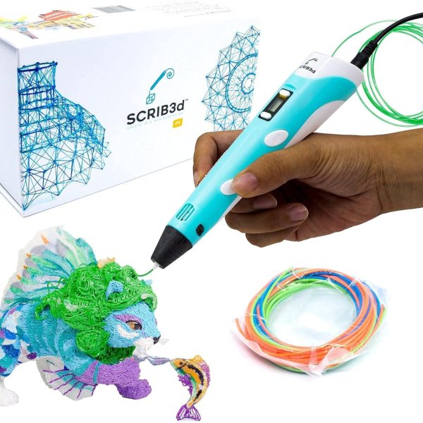 SCRIB3D P1 3D Printing Pen with Display - Includes 3D Pen, 3 Starter Colors of PLA Filament, Stencil Book + Project Guide, and Power adapter