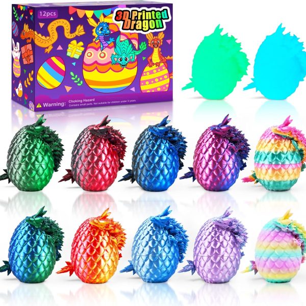 12PCS 3D Printed Dragon Eggs with Dragon Inside, Cool Stuff Christmas Fun Gifts, Mini Dragon Egg Set Articulated Crystal Fidget Toy for Adults Teens Boy Gifts Easter Basket Stuffers