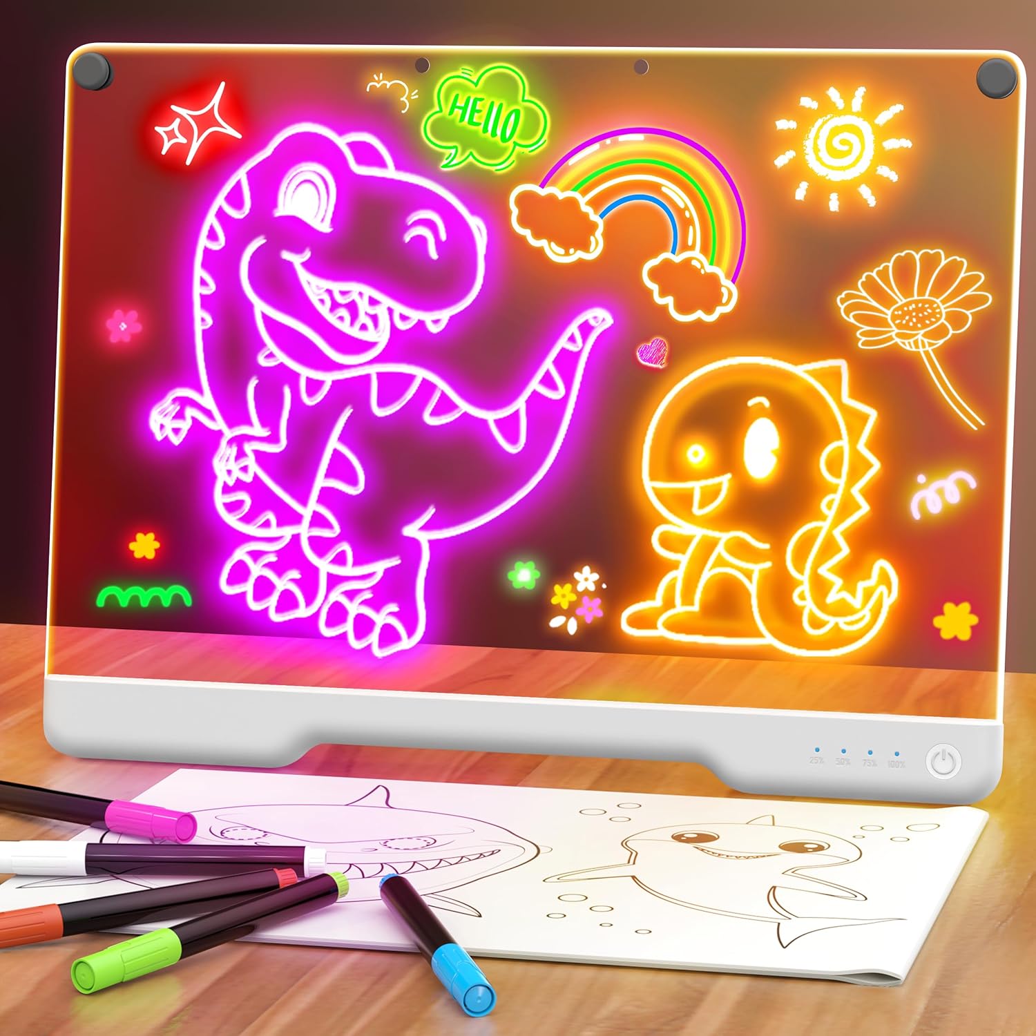 tn162 16-Inch Rechargeable Doodle Glow LED Note Board, 7-Color Light Modes, Neon Art Dry Erase Light Up Drawing Pad with Built-in Stand, Sketching Gift Toy for Kids/Girls/Teens, 5 Markers & Tracing Book - Image 1