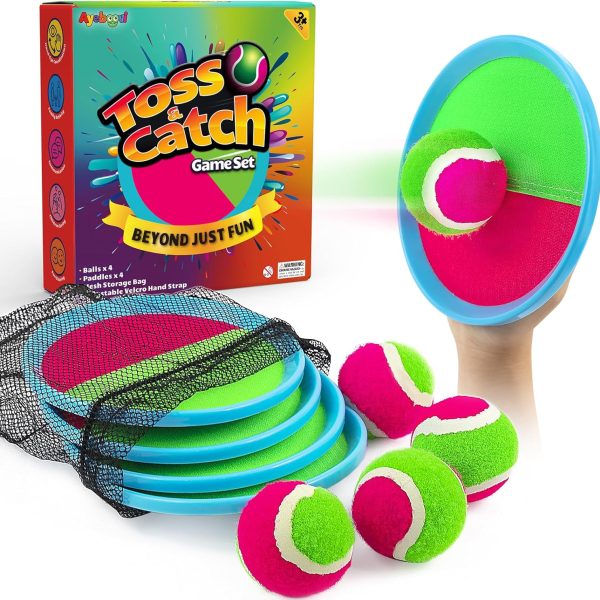 Ayeboovi Toss and Catch Ball Set Boys Toys Outdoor Toys Yard Games Outside Games Beach Toys for Kids Ball and Catch Game with 4 Paddles and 4 Balls [Upgraded Version]