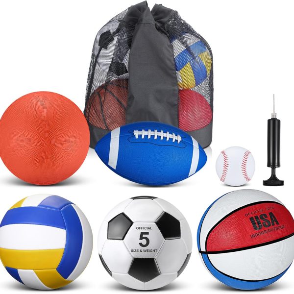 Libima 6 Pcs Multi Sport Ball Set Official Size Football Basketball Soccer Volleyball Playground Ball Baseball with Outdoor Sports Equipment Bag Pump Christmas Sports Gift