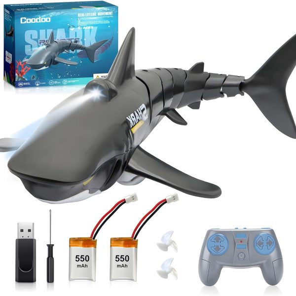 2.4G Remote Control Shark Toy 1:18 Scale High Simulation Shark for Swimming Pool Bathroom Great Gift RC Boat Toys for 6+ Year Old Boys and Girls (with 2 Batteries)