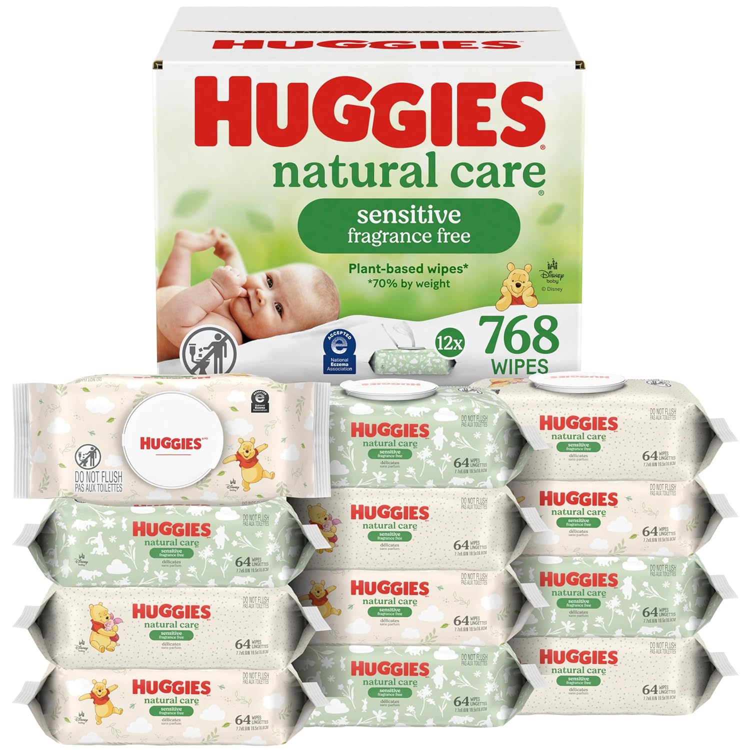 2 Huggies Natural Care Sensitive Baby Wipes, Unscented, Hypoallergenic, 99% Purified Water, 12 Flip-Top Packs (768 Wipes Total), Packaging May Vary - Image 1