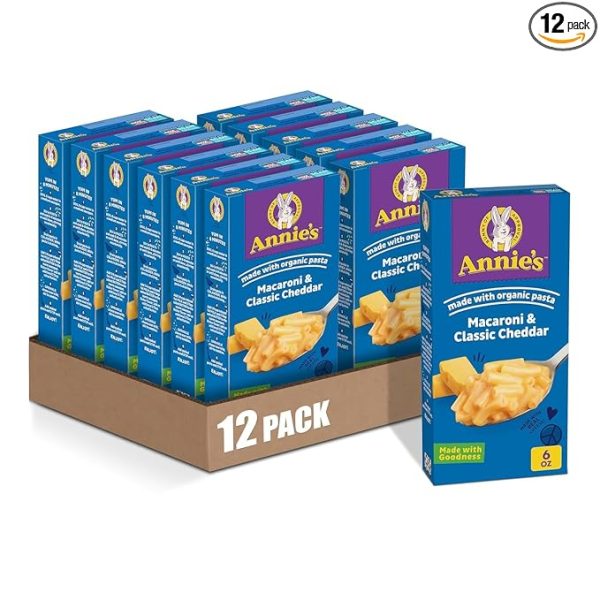 Annie's Macaroni and Classic Cheddar with Organic Pasta, Made with Real Cheese, Dinner Side or Snack, 6 oz (Pack of 12)