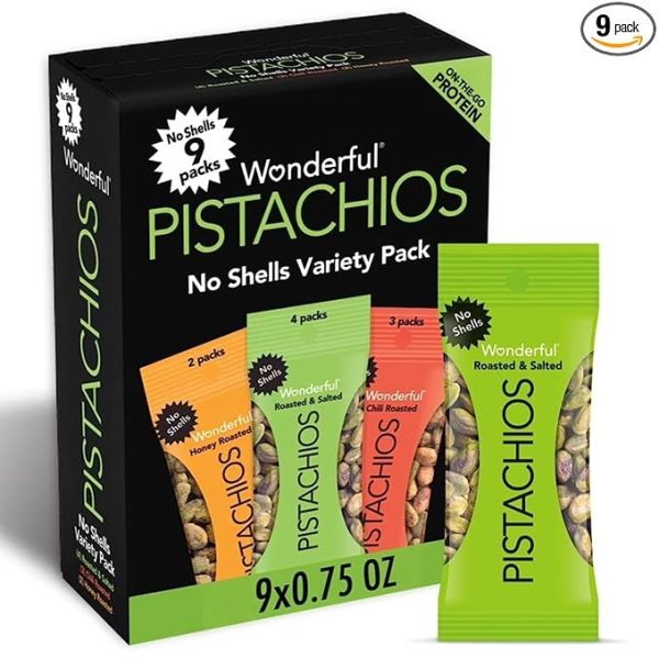 Wonderful Pistachios No Shells, 3 Flavors Mixed Variety Pack of 9 (0.75 Ounce), Roasted & Salted Nuts (4), Chili (3), Honey (2), Protein Snacks, Gluten Free, Healthy Snacks Variety Pack for Adults, Stocking Stuffers